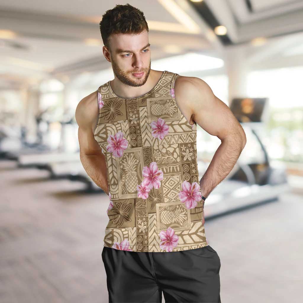 Beige Hawaii Hibiscus With Tropical Flowers Motifs Men Tank Top LT14 Beige - Polynesian Pride
