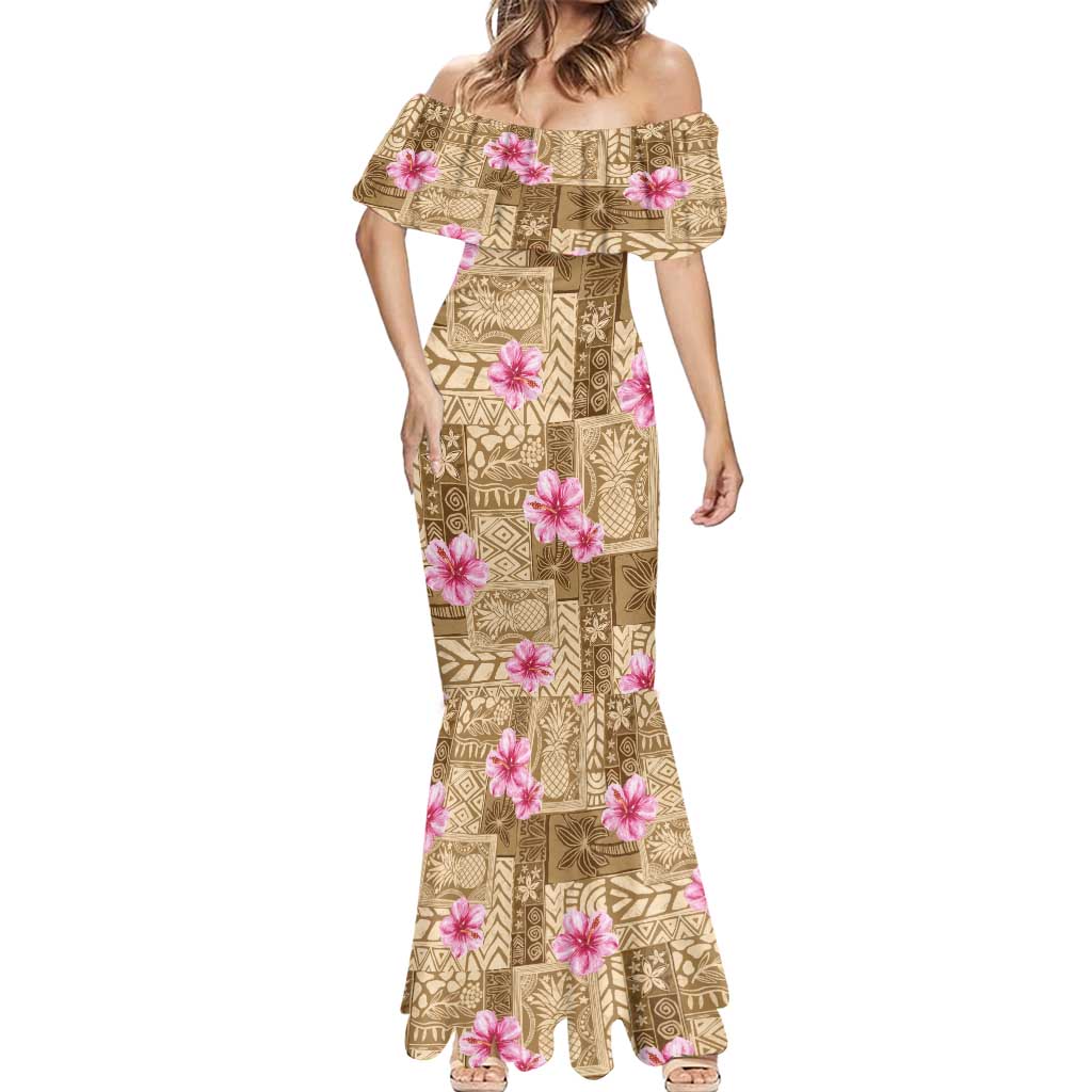 Beige Hawaii Hibiscus With Tropical Flowers Motifs Mermaid Dress - Polynesian Pride