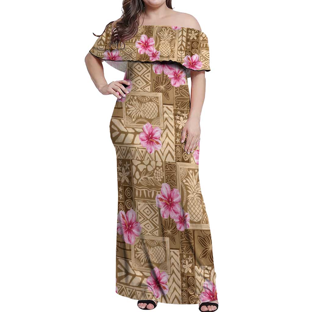 Beige Hawaii Hibiscus With Tropical Flowers Motifs Off Shoulder Maxi Dress LT14 Women Beige - Polynesian Pride