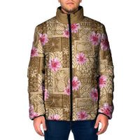Beige Hawaii Hibiscus With Tropical Flowers Motifs Padded Jacket - Polynesian Pride