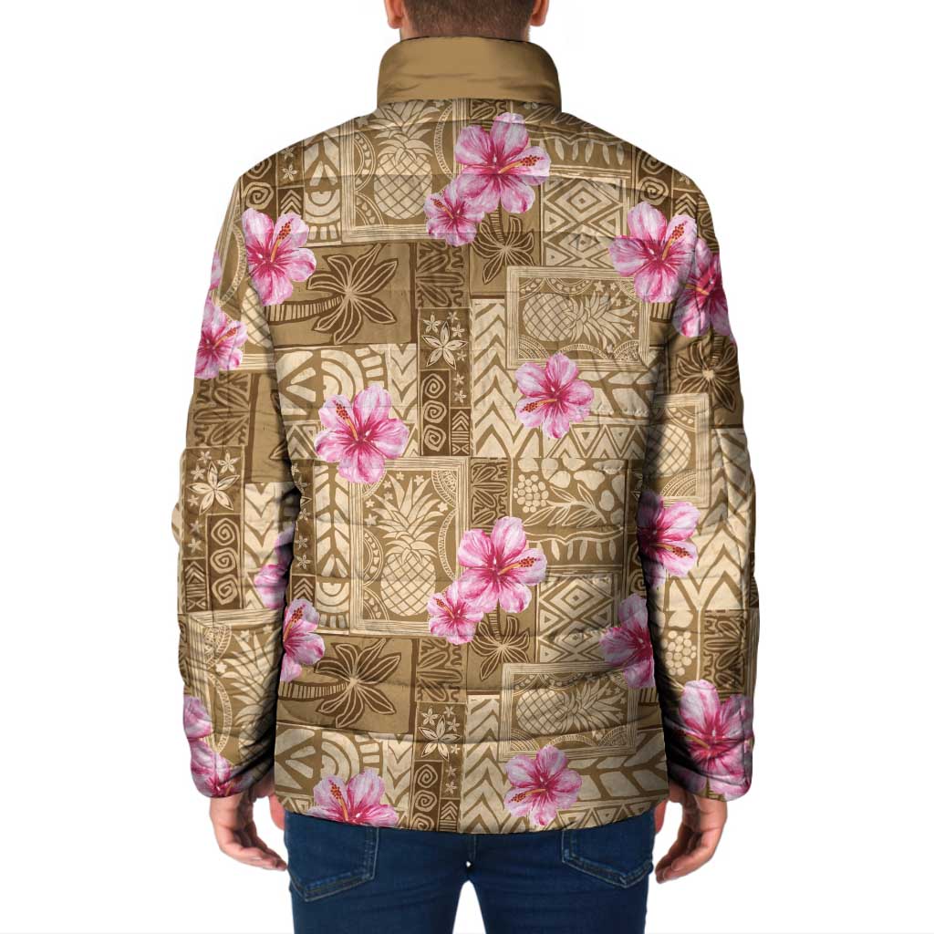 Beige Hawaii Hibiscus With Tropical Flowers Motifs Padded Jacket - Polynesian Pride
