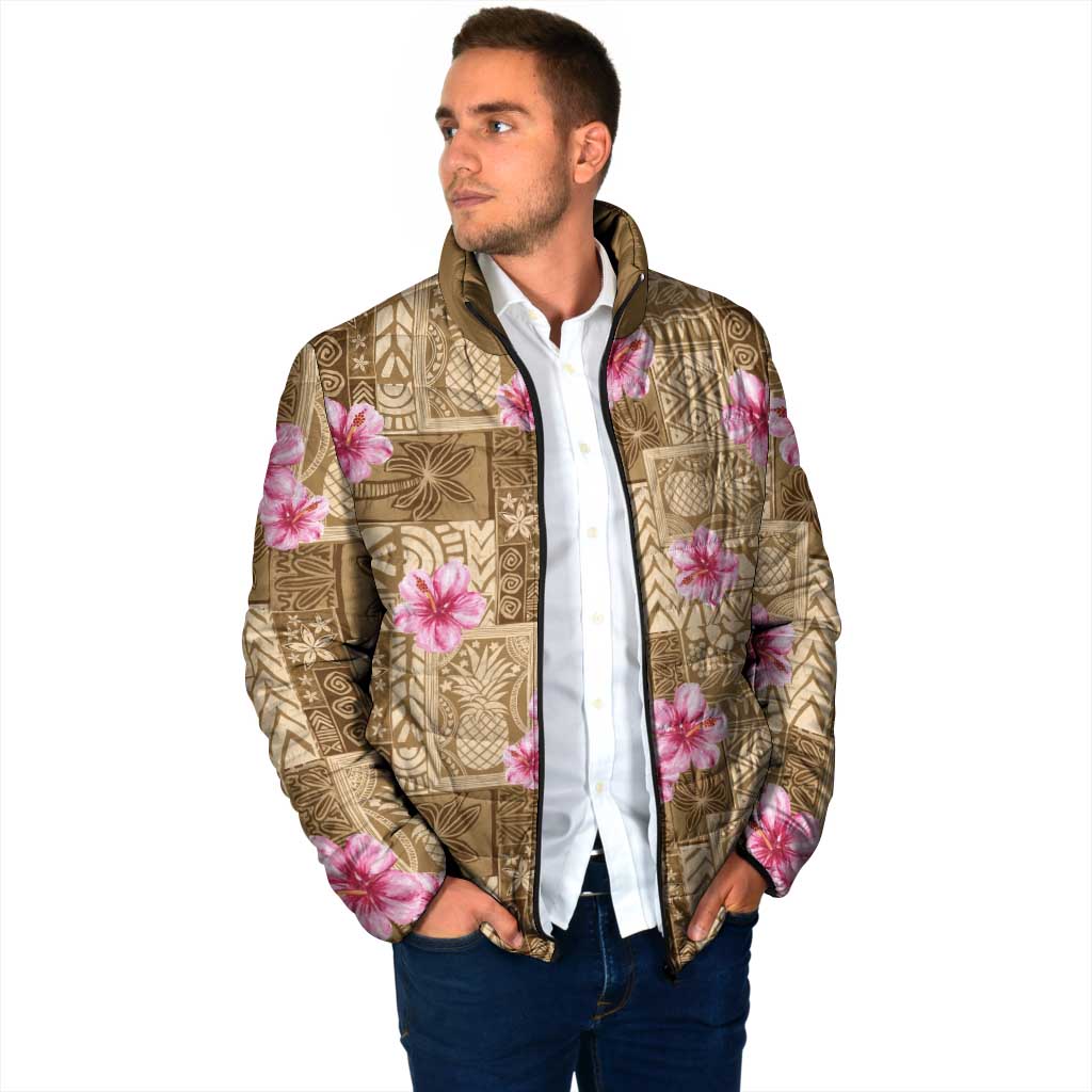 Beige Hawaii Hibiscus With Tropical Flowers Motifs Padded Jacket - Polynesian Pride