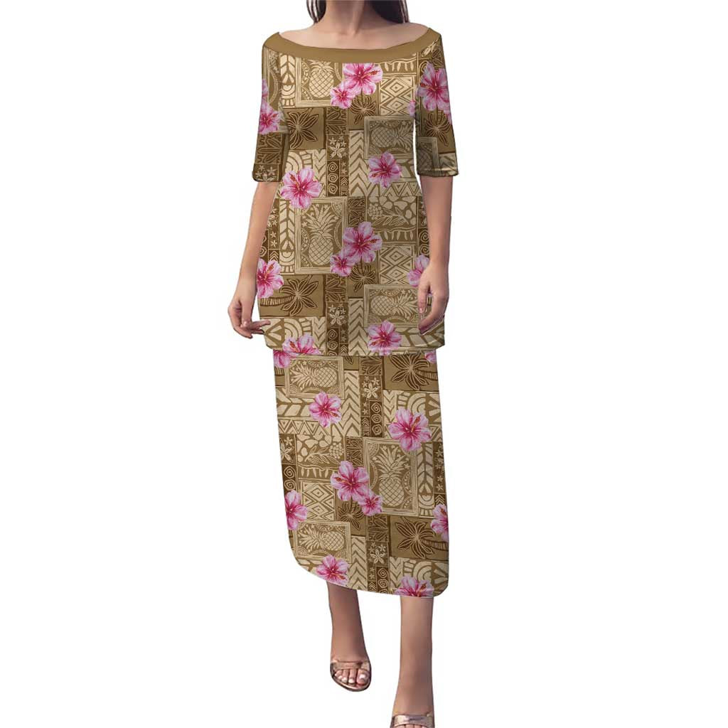 Beige Hawaii Hibiscus With Tropical Flowers Motifs Puletasi LT14 Long Dress Beige - Polynesian Pride