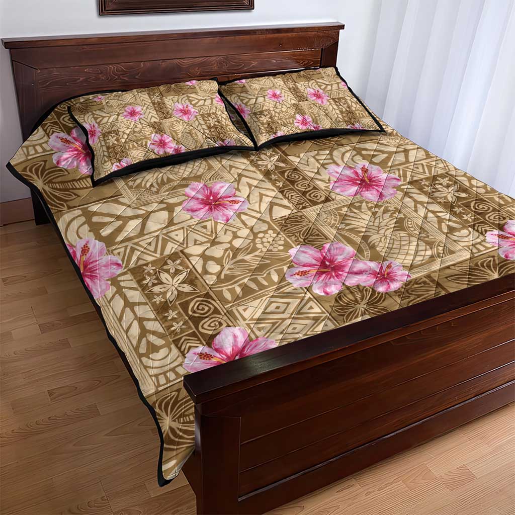 Beige Hawaii Hibiscus With Tropical Flowers Motifs Quilt Bed Set - Polynesian Pride