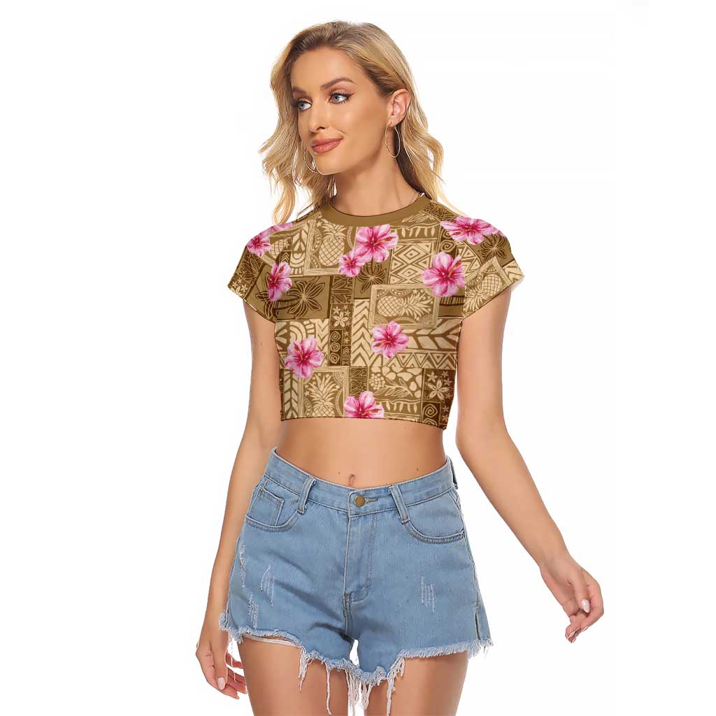 Beige Hawaii Hibiscus With Tropical Flowers Motifs Raglan Cropped T Shirt - Polynesian Pride