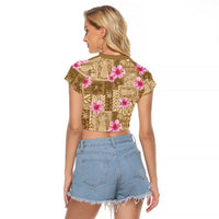 Beige Hawaii Hibiscus With Tropical Flowers Motifs Raglan Cropped T Shirt - Polynesian Pride