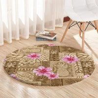 Beige Hawaii Hibiscus With Tropical Flowers Motifs Round Carpet - Polynesian Pride