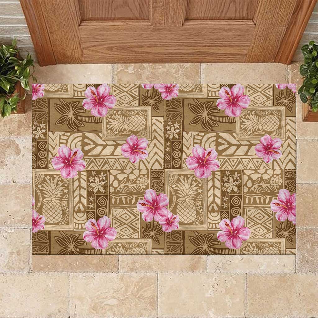 Beige Hawaii Hibiscus With Tropical Flowers Motifs Rubber Doormat LT14 Beige - Polynesian Pride
