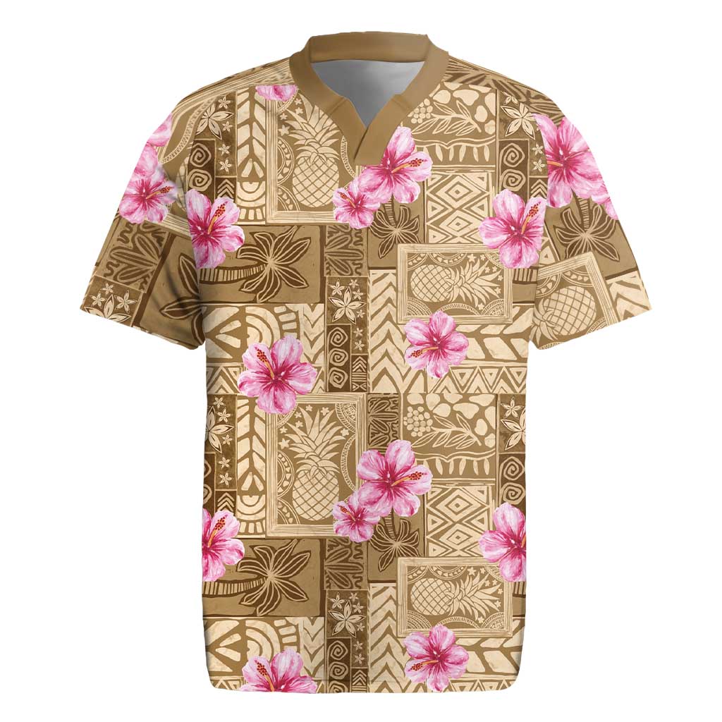 Beige Hawaii Hibiscus With Tropical Flowers Motifs Rugby Jersey LT14 Beige - Polynesian Pride