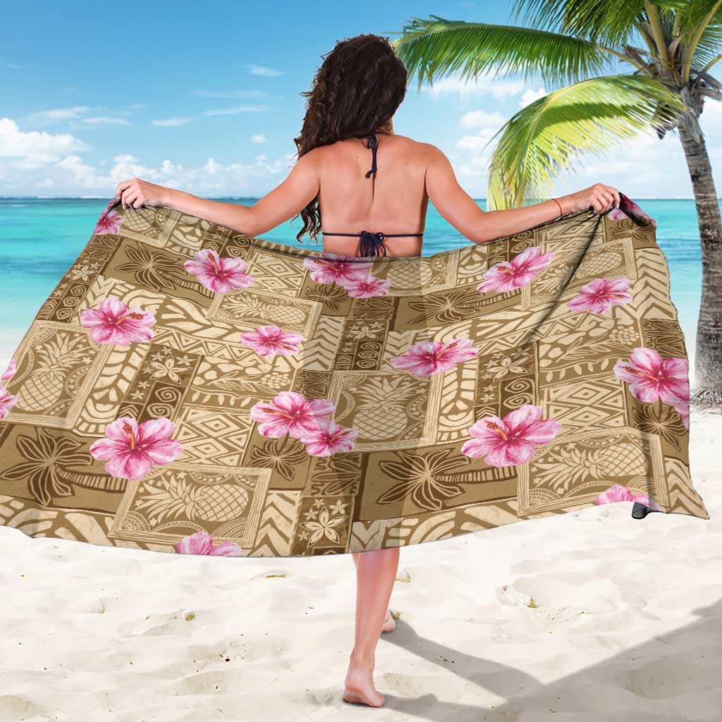 Beige Hawaii Hibiscus With Tropical Flowers Motifs Sarong - Polynesian Pride