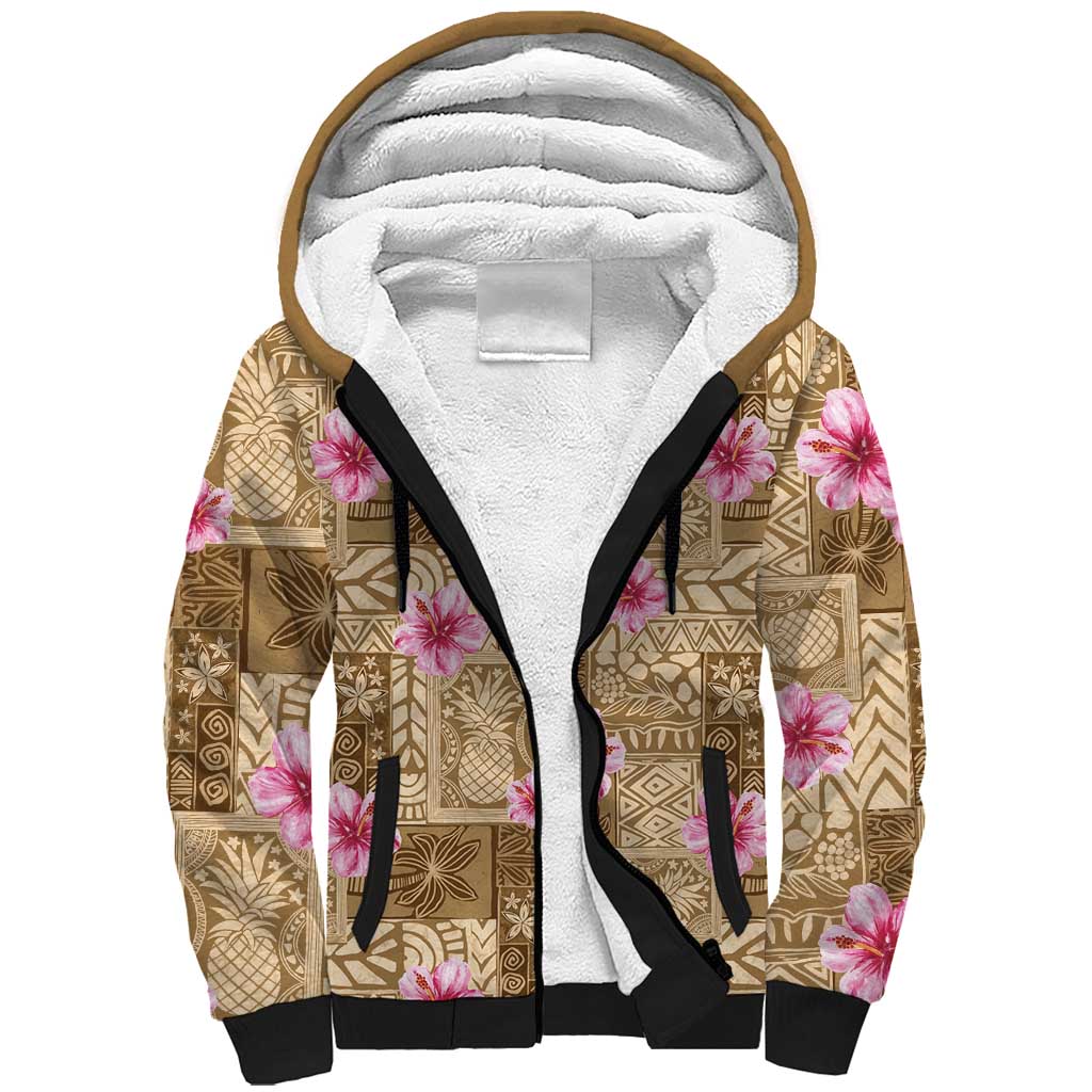 Beige Hawaii Hibiscus With Tropical Flowers Motifs Sherpa Hoodie LT14 Unisex Beige - Polynesian Pride