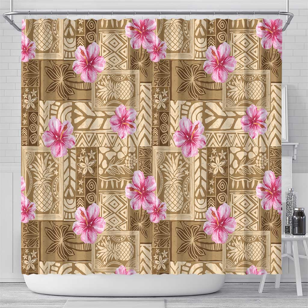 Beige Hawaii Hibiscus With Tropical Flowers Motifs Shower Curtain - Polynesian Pride