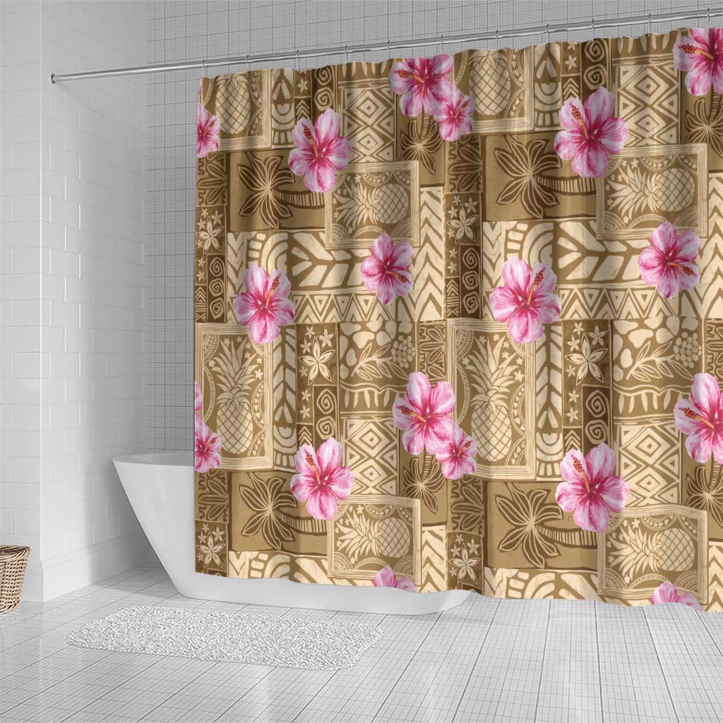 Beige Hawaii Hibiscus With Tropical Flowers Motifs Shower Curtain - Polynesian Pride