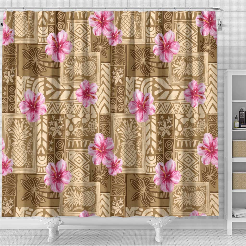 Beige Hawaii Hibiscus With Tropical Flowers Motifs Shower Curtain - Polynesian Pride