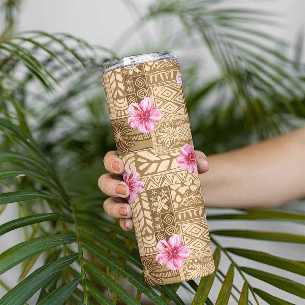 Beige Hawaii Hibiscus With Tropical Flowers Motifs Skinny Tumbler - Polynesian Pride