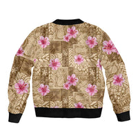 Beige Hawaii Hibiscus With Tropical Flowers Motifs Sleeve Zip Bomber Jacket - Polynesian Pride