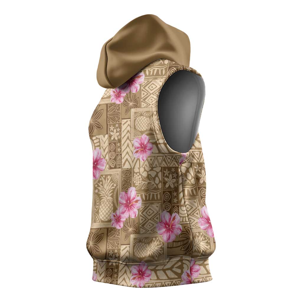 Beige Hawaii Hibiscus With Tropical Flowers Motifs Sleeveless Hoodie - Polynesian Pride