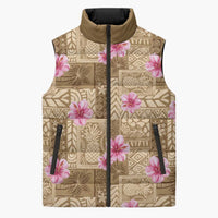 Beige Hawaii Hibiscus With Tropical Flowers Motifs Sleeveless Puffer Jacket - Polynesian Pride