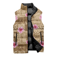 Beige Hawaii Hibiscus With Tropical Flowers Motifs Sleeveless Puffer Jacket - Polynesian Pride