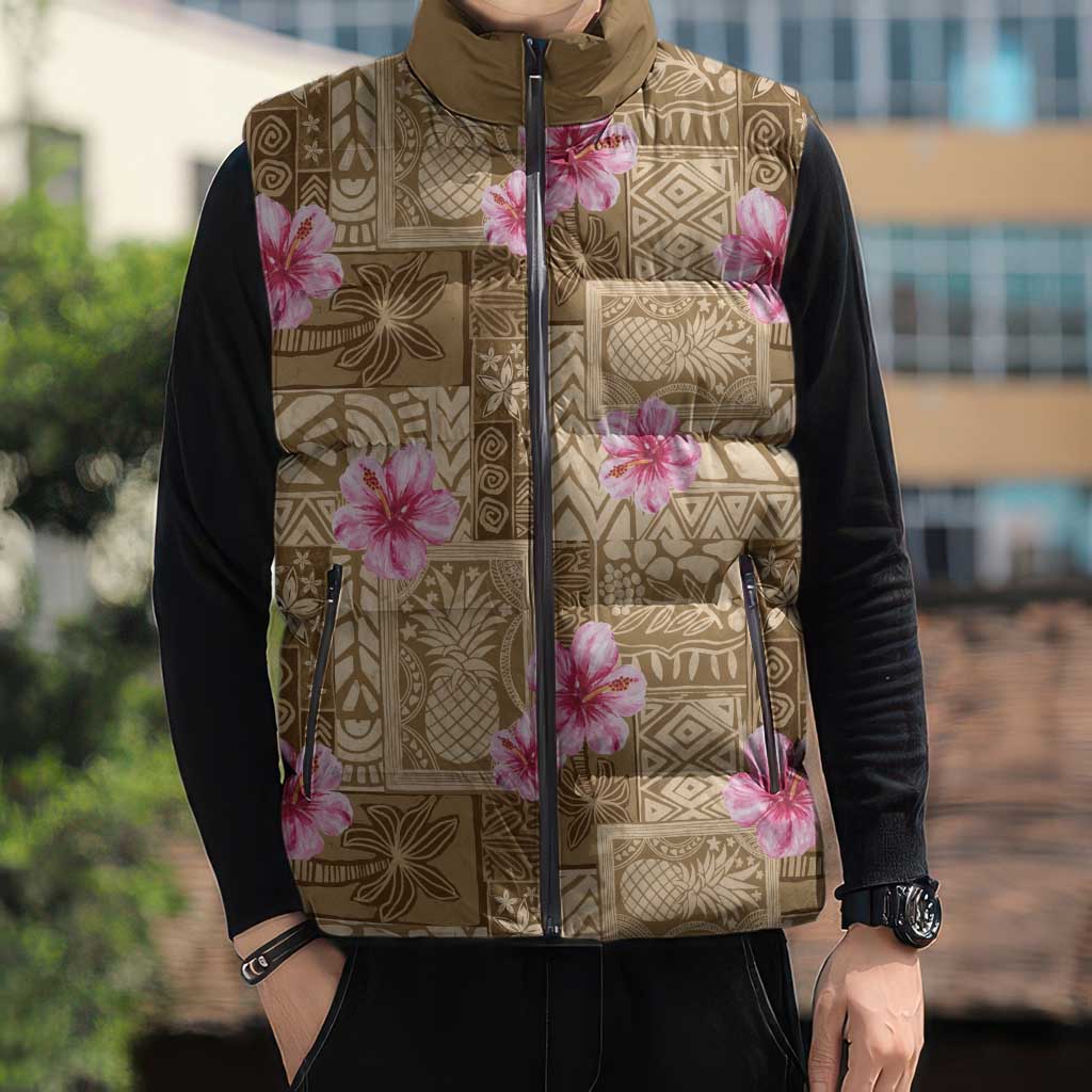 Beige Hawaii Hibiscus With Tropical Flowers Motifs Sleeveless Puffer Jacket - Polynesian Pride