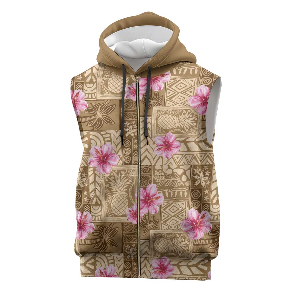 Beige Hawaii Hibiscus With Tropical Flowers Motifs Sleeveless Zip Hoodie LT14