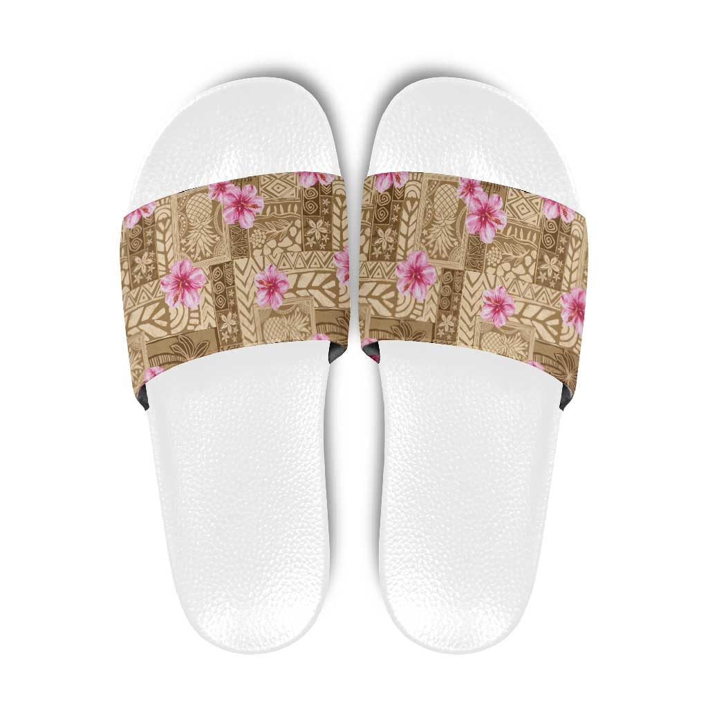Beige Hawaii Hibiscus With Tropical Flowers Motifs Slide Sandals - Polynesian Pride