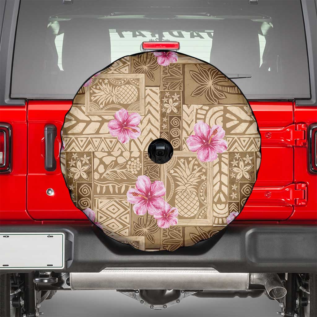 Beige Hawaii Hibiscus With Tropical Flowers Motifs Spare Tire Cover - Polynesian Pride