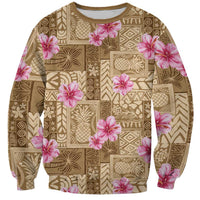 Beige Hawaii Hibiscus With Tropical Flowers Motifs Sweatshirt LT14 Unisex Beige - Polynesian Pride
