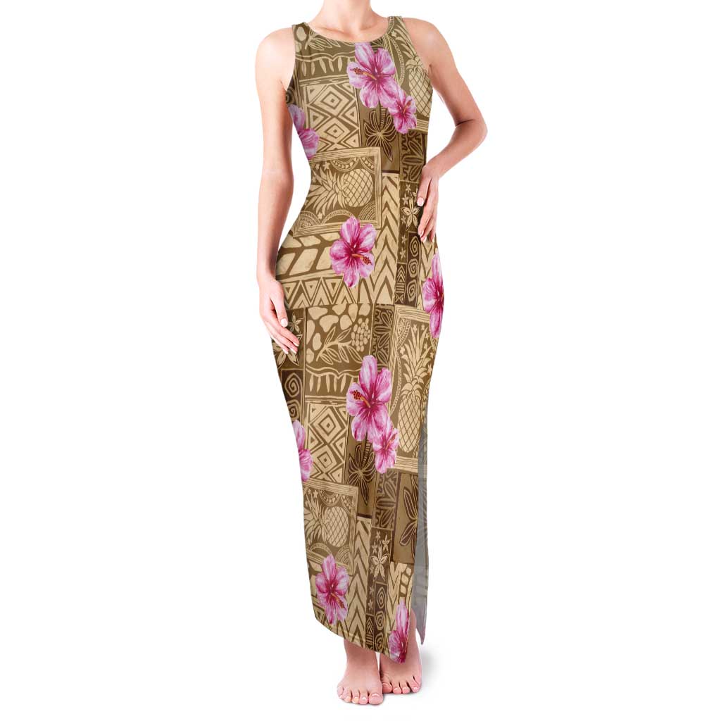 Beige Hawaii Hibiscus With Tropical Flowers Motifs Tank Maxi Dress - Polynesian Pride