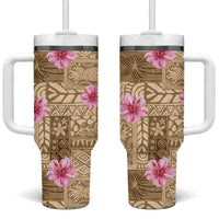 Beige Hawaii Hibiscus With Tropical Flowers Motifs Tumbler With Handle - Polynesian Pride