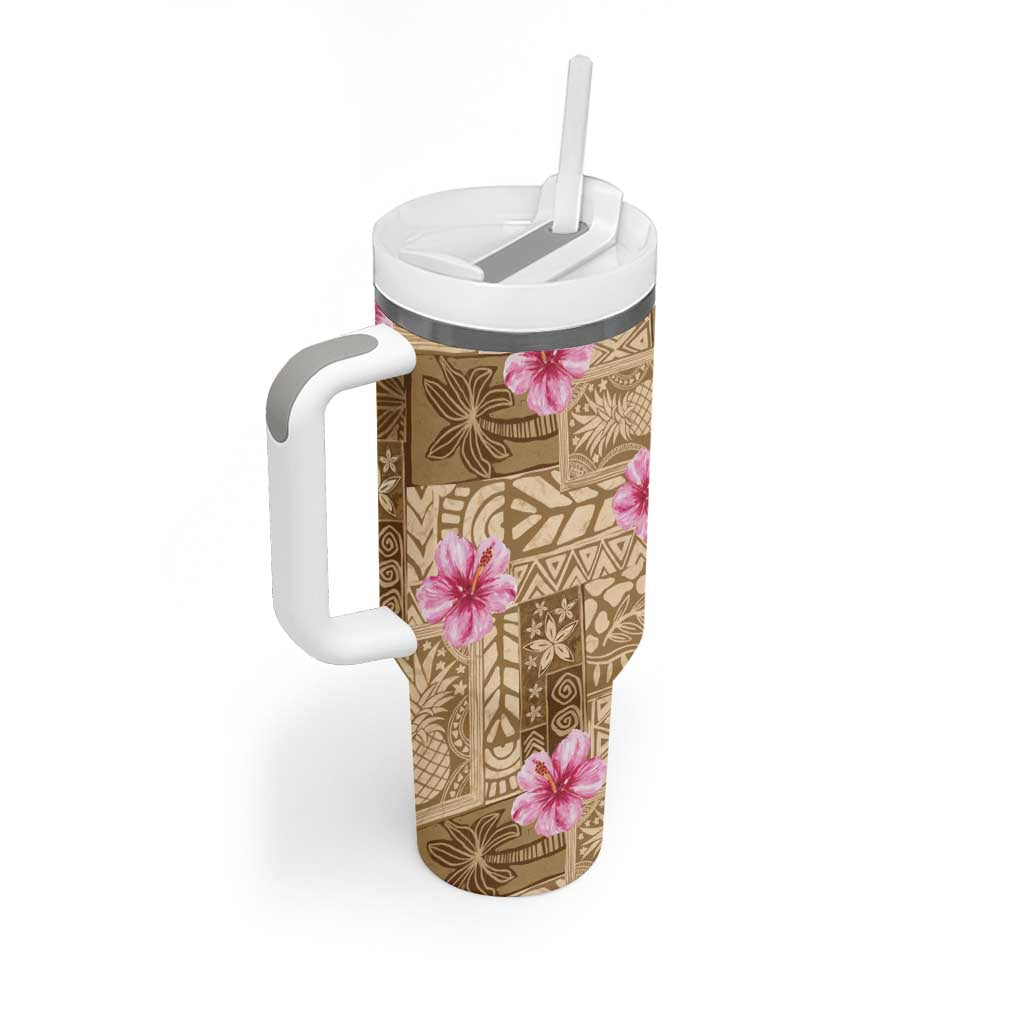 Beige Hawaii Hibiscus With Tropical Flowers Motifs Tumbler With Handle - Polynesian Pride