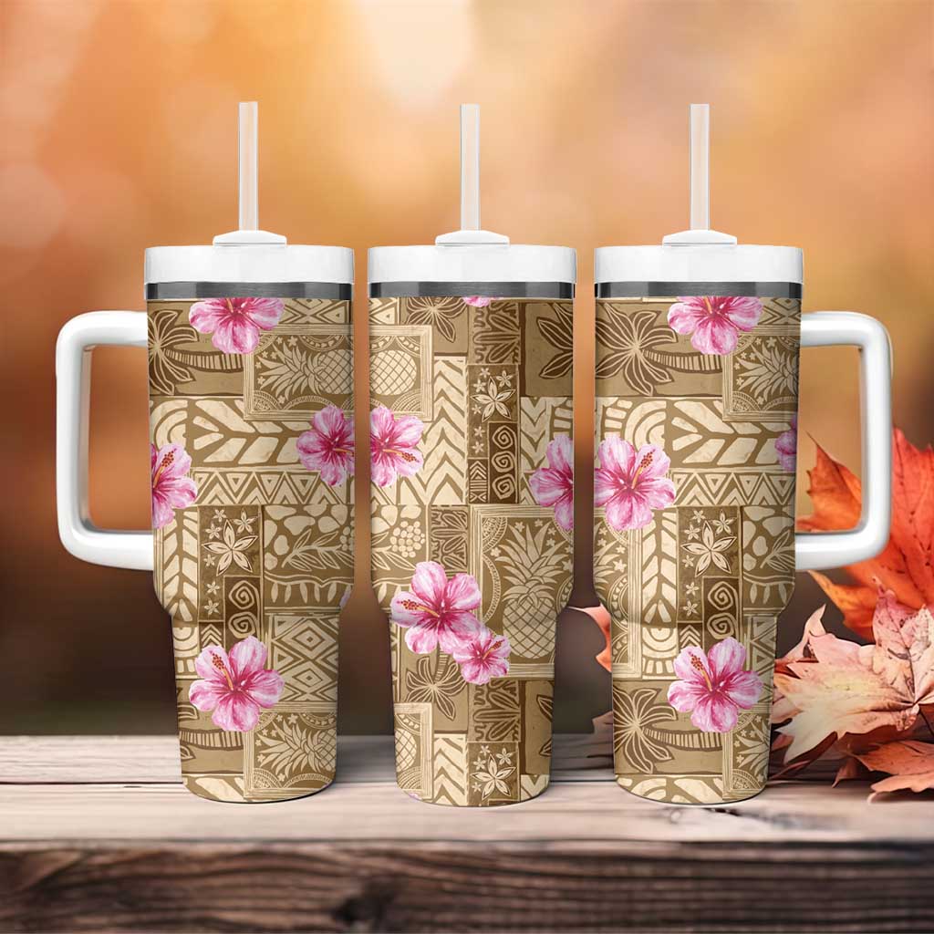 Beige Hawaii Hibiscus With Tropical Flowers Motifs Tumbler With Handle - Polynesian Pride