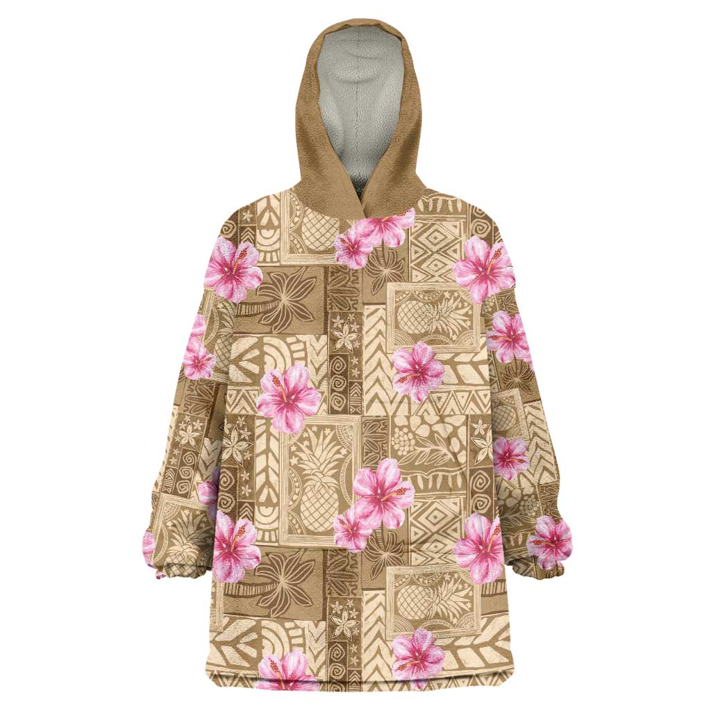 Beige Hawaii Hibiscus With Tropical Flowers Motifs Wearable Blanket Hoodie LT14 One Size Beige - Polynesian Pride