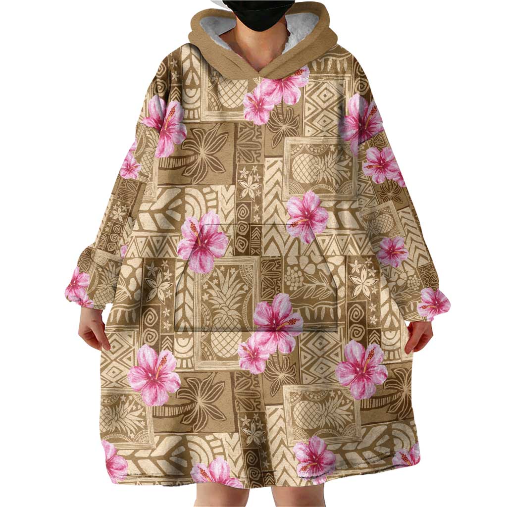 Beige Hawaii Hibiscus With Tropical Flowers Motifs Wearable Blanket Hoodie LT14 - Polynesian Pride
