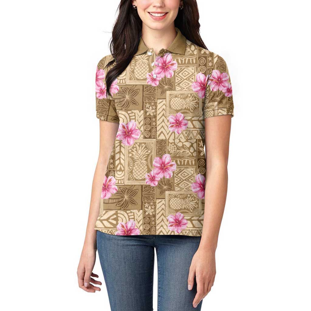 Beige Hawaii Hibiscus With Tropical Flowers Motifs Women Polo Shirt - Polynesian Pride