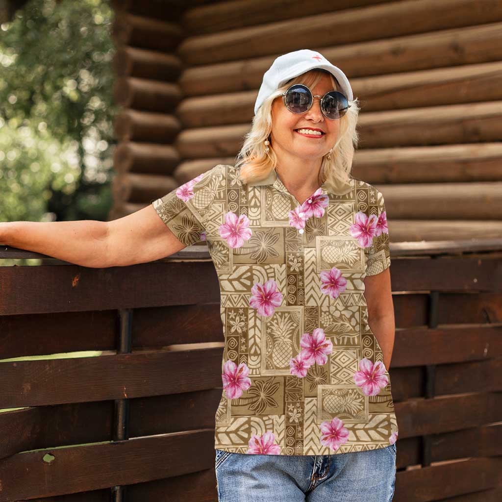 Beige Hawaii Hibiscus With Tropical Flowers Motifs Women Polo Shirt - Polynesian Pride