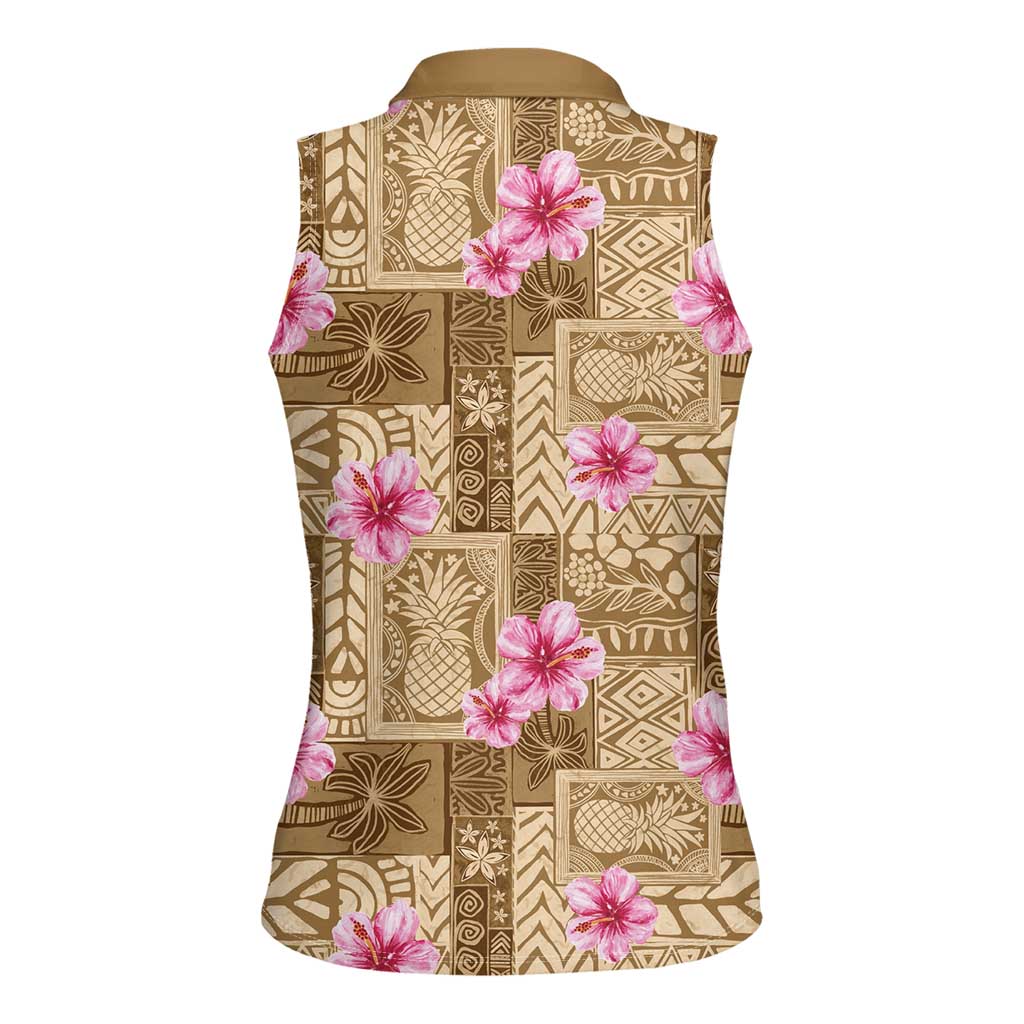 Beige Hawaii Hibiscus With Tropical Flowers Motifs Women Sleeveless Polo Shirt - Polynesian Pride