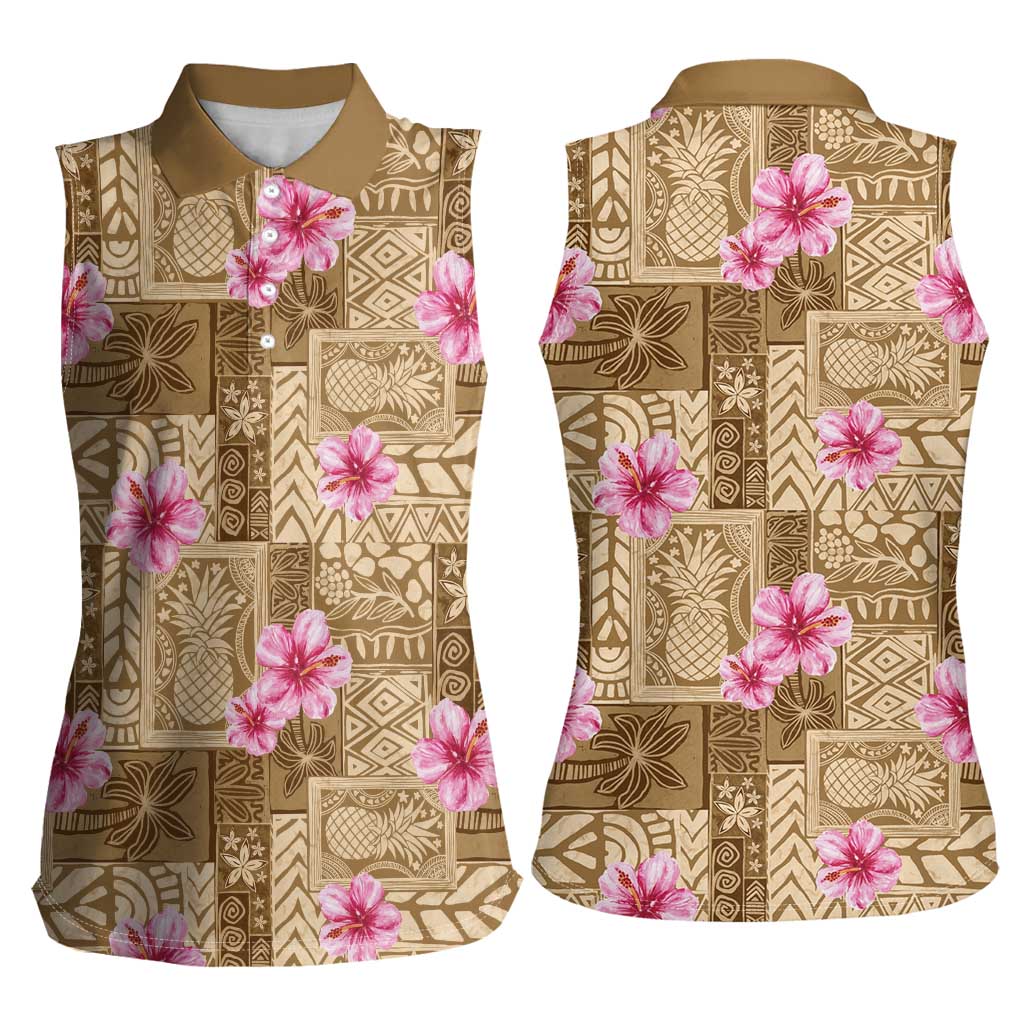 Beige Hawaii Hibiscus With Tropical Flowers Motifs Women Sleeveless Polo Shirt - Polynesian Pride