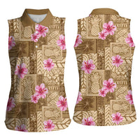 Beige Hawaii Hibiscus With Tropical Flowers Motifs Women Sleeveless Polo Shirt - Polynesian Pride
