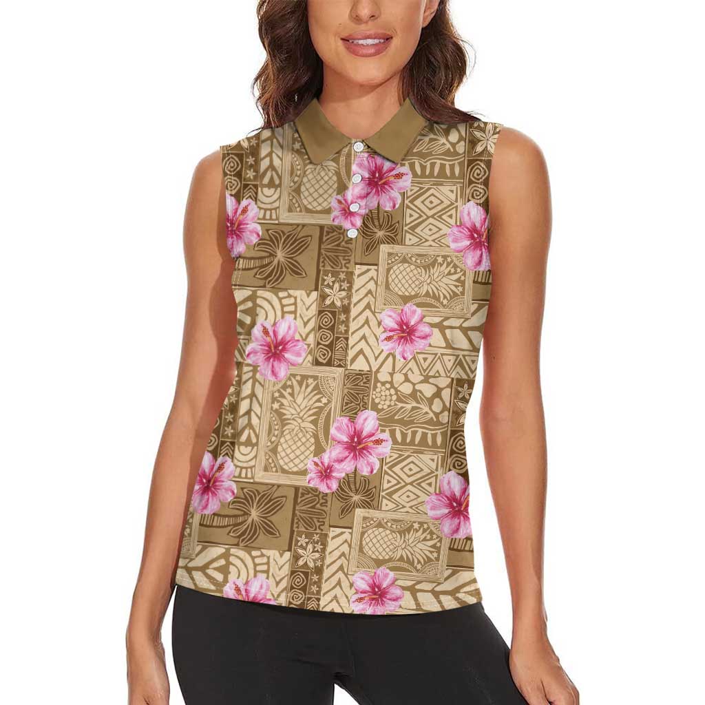 Beige Hawaii Hibiscus With Tropical Flowers Motifs Women Sleeveless Polo Shirt - Polynesian Pride