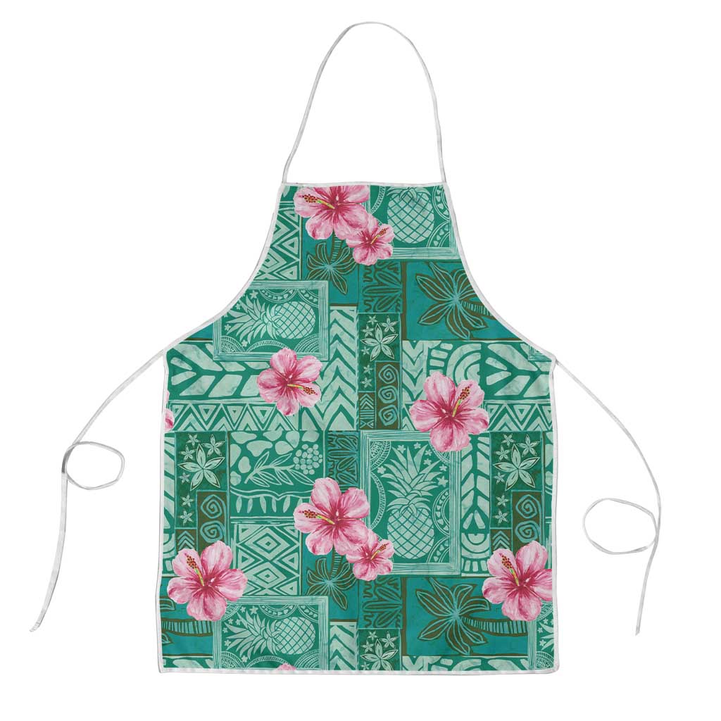 Cyan Hawaii Hibiscus With Tropical Flowers Motifs Apron - Polynesian Pride