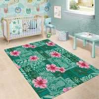 Cyan Hawaii Hibiscus With Tropical Flowers Motifs Area Rug - Polynesian Pride