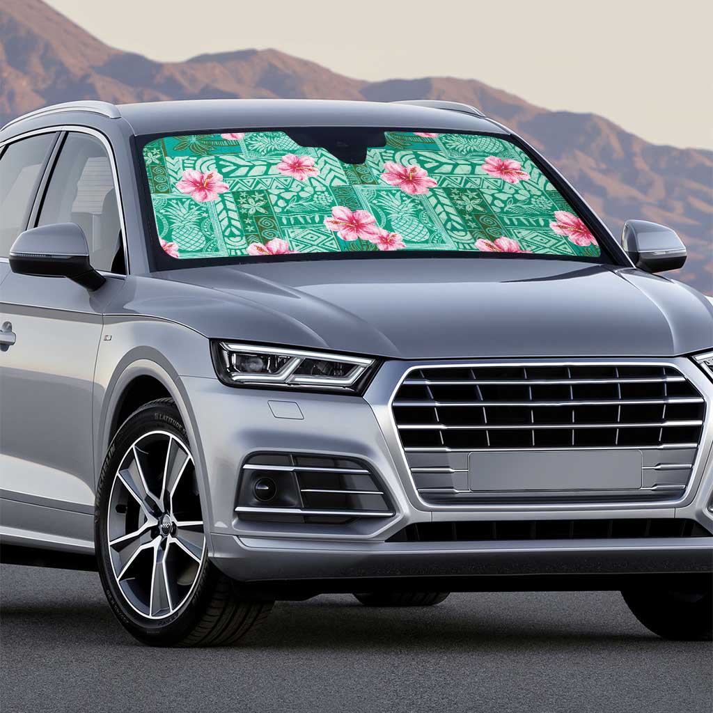 Cyan Hawaii Hibiscus With Tropical Flowers Motifs Auto Sun Shade - Polynesian Pride