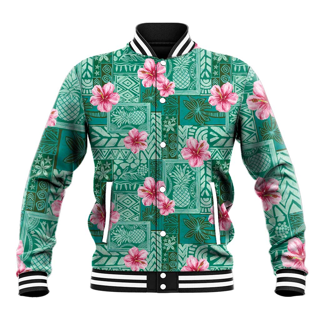 Cyan Hawaii Hibiscus With Tropical Flowers Motifs Baseball Jacket LT14 Unisex Cyan - Polynesian Pride