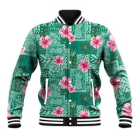 Cyan Hawaii Hibiscus With Tropical Flowers Motifs Baseball Jacket LT14 Unisex Cyan - Polynesian Pride