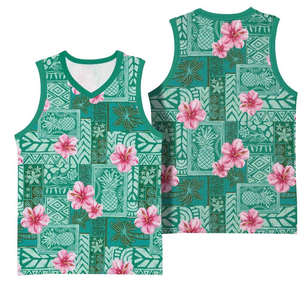 Cyan Hawaii Hibiscus With Tropical Flowers Motifs Basketball Jersey - Polynesian Pride