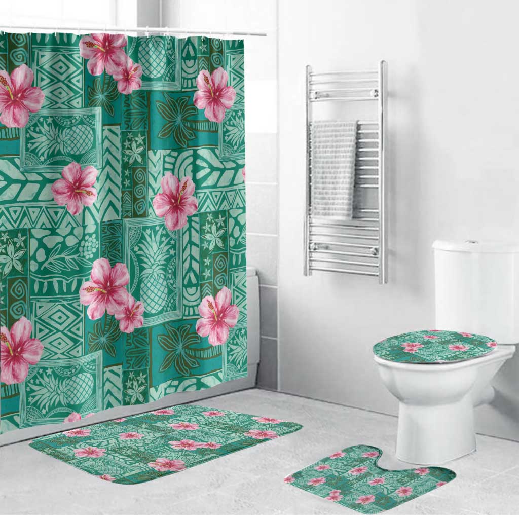Cyan Hawaii Hibiscus With Tropical Flowers Motifs Bathroom Set - Polynesian Pride