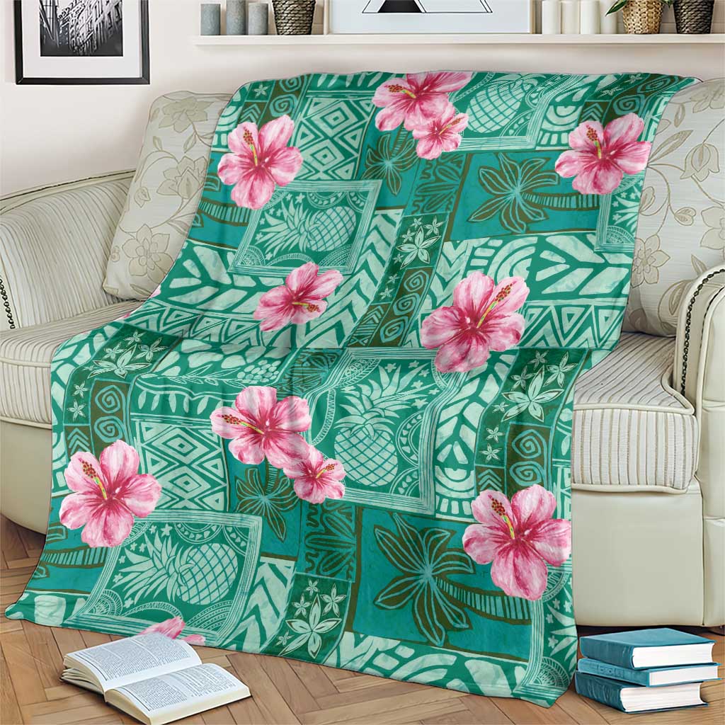 Cyan Hawaii Hibiscus With Tropical Flowers Motifs Blanket - Polynesian Pride