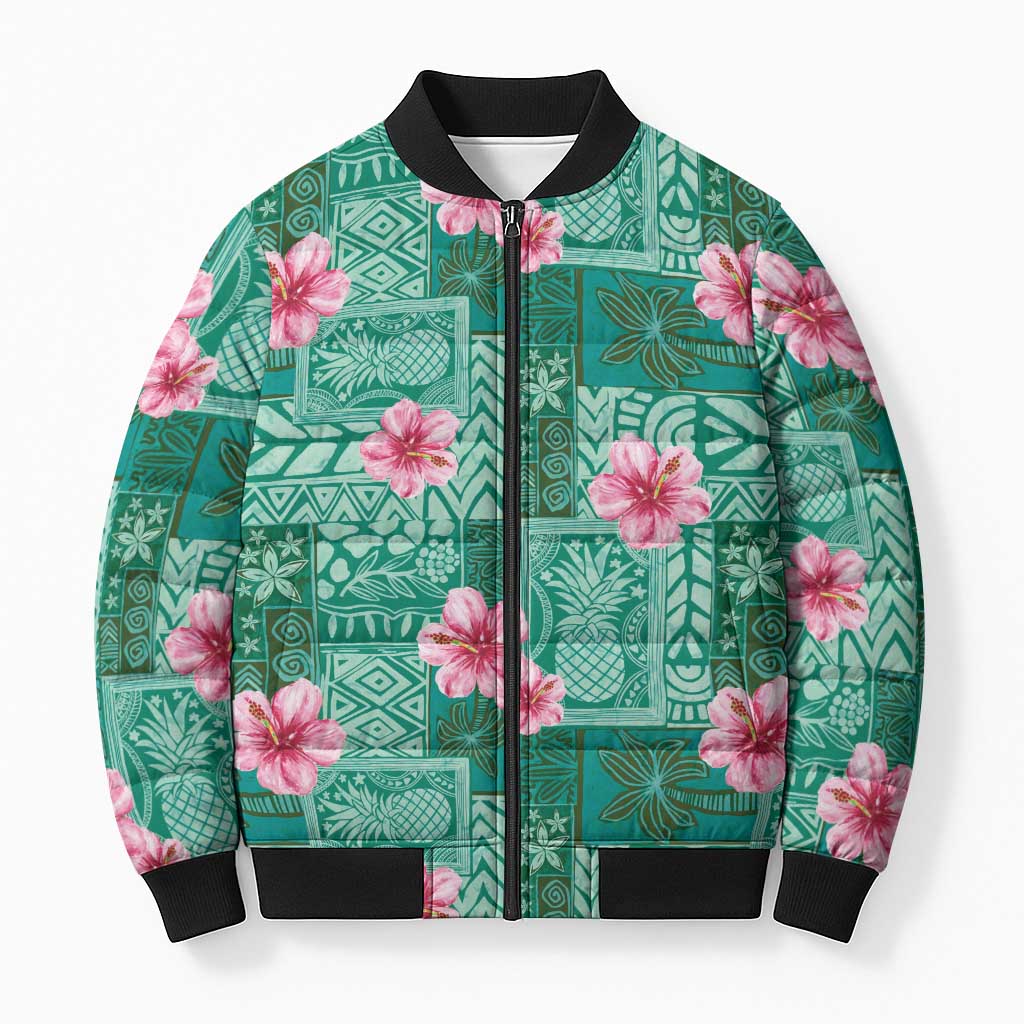Cyan Hawaii Hibiscus With Tropical Flowers Motifs Bomber Puffer Jacket - Polynesian Pride