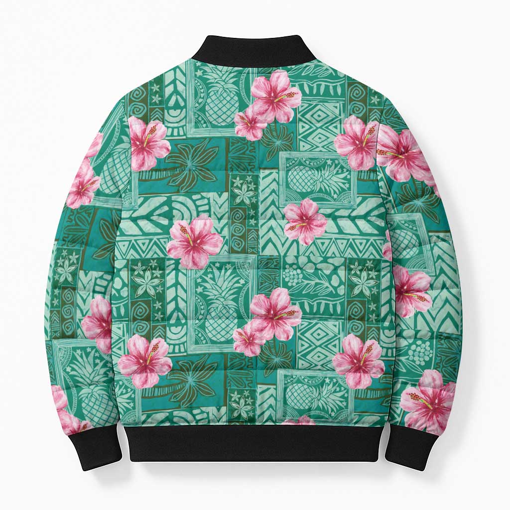 Cyan Hawaii Hibiscus With Tropical Flowers Motifs Bomber Puffer Jacket - Polynesian Pride
